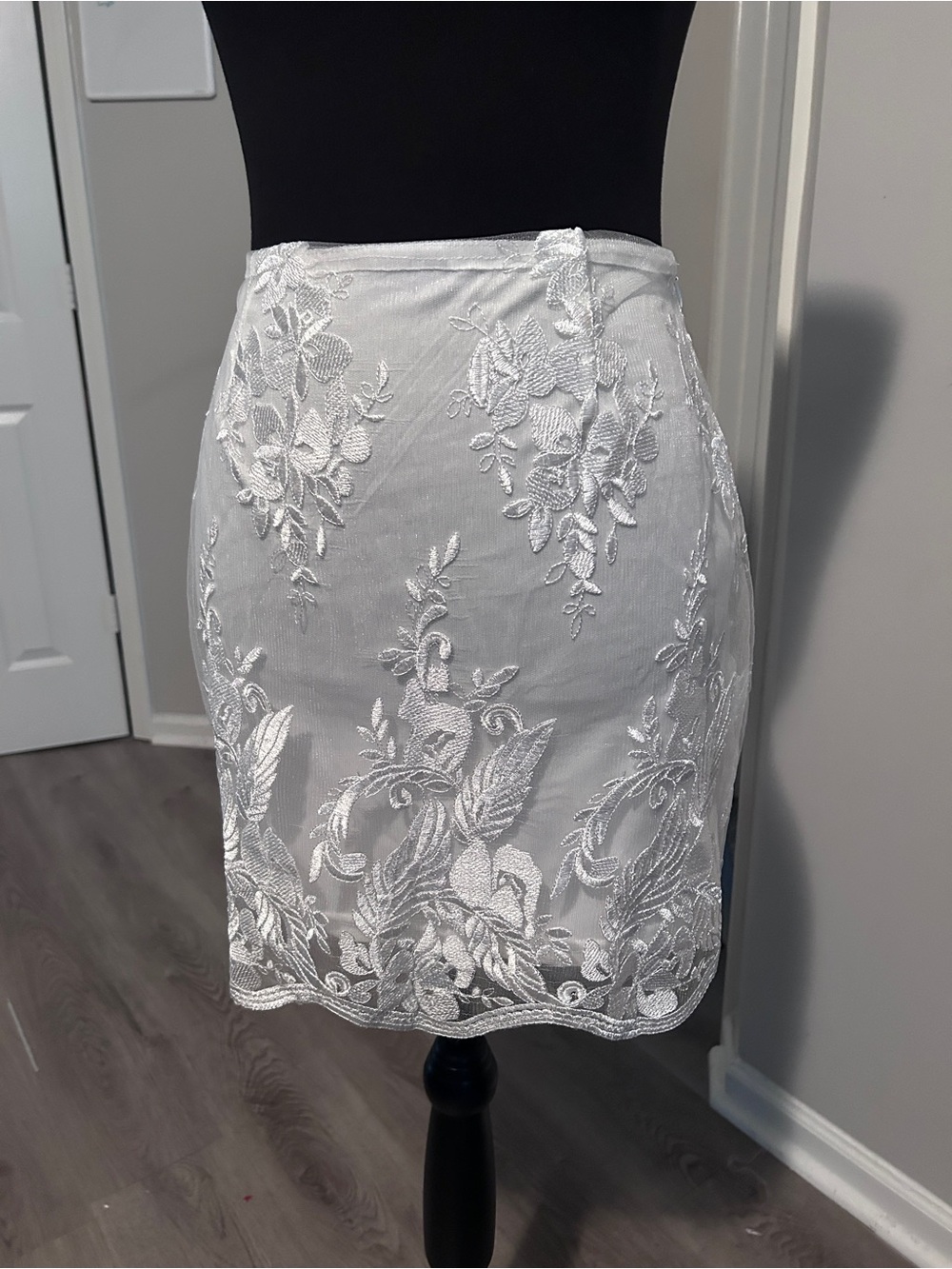 White Embroidered Mesh Mini Skirt Fairy Coquette Lace Overlay